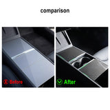 Comparison Befare and after installation : Real Carbon Fiber Center Console Overlays for Tesla Highland 2024+ Model 3 (3 pieces)
