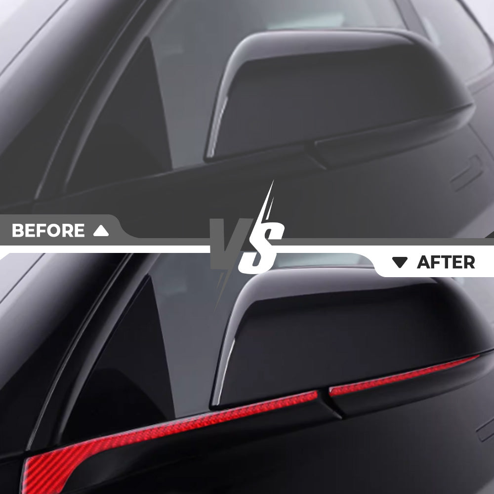Before and after installation of Carbon Fiber Mirror Cap Trim on Tesla Model 3