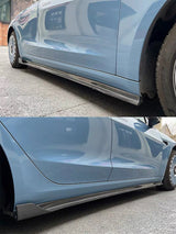 Left and right view of Real Carbon Fiber V-Style Side Skirts installed on Model 3