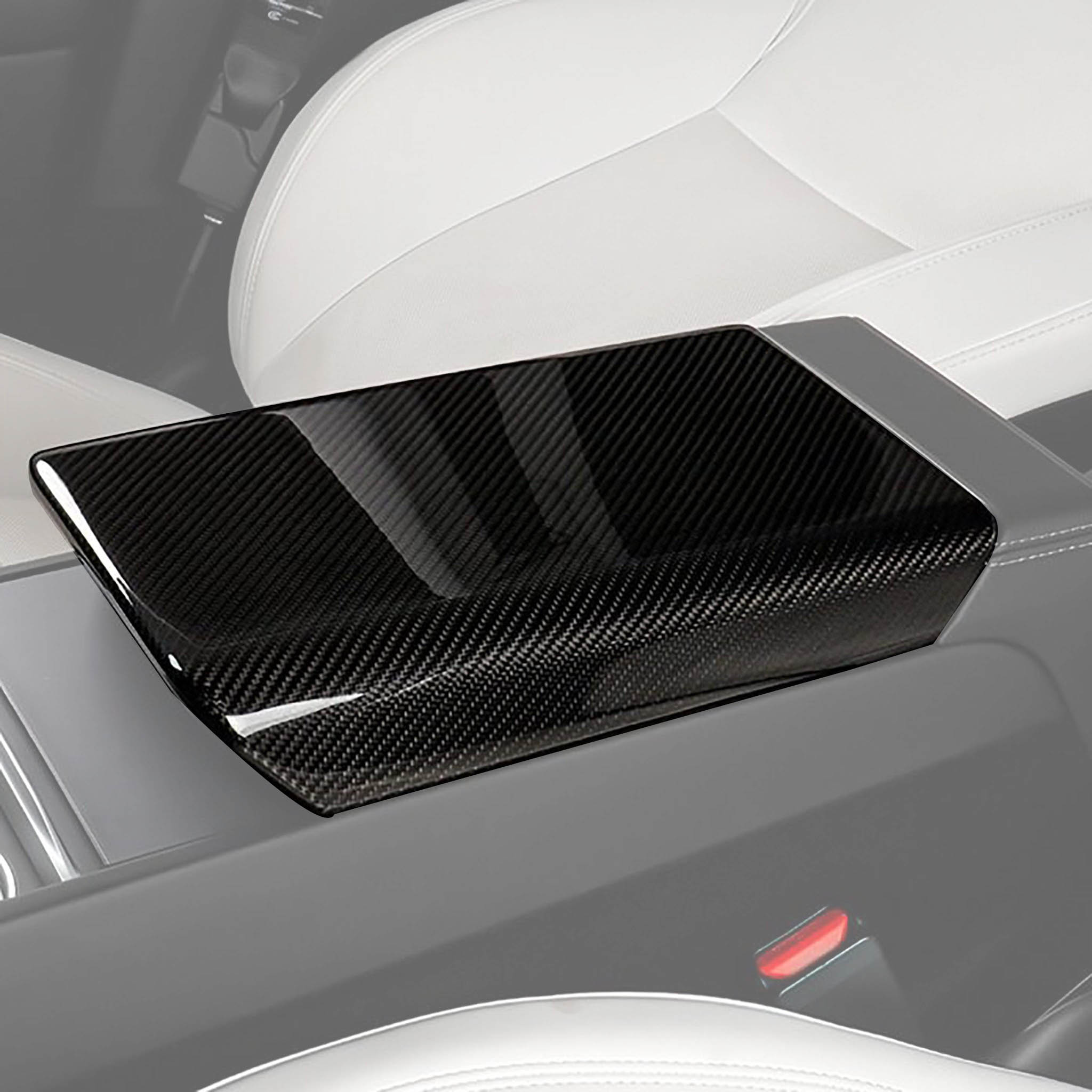 Glossy Carbon Fiber Armrest Box Cover installed on Tesla Model 3 Highland