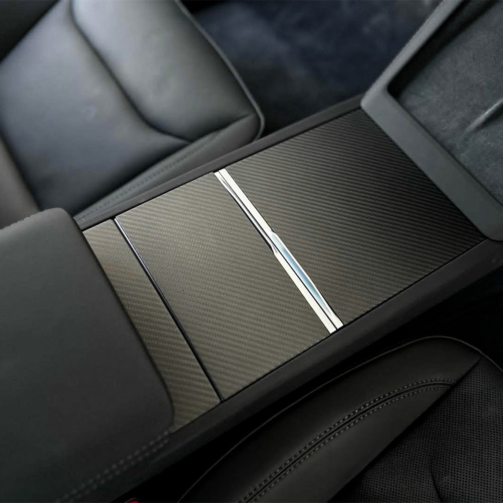 Teego Carbon Fiber Center Console & Cup Holder Overlays for 2024+ Model 3 & 2025+ Model Y Juniper (4 Pieces)