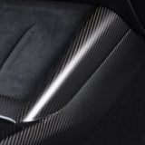 Close-up view of the carbon fiber texture on Center Console Side Trim Cover for 2024+ Tesla Model 3 Highland