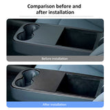 Before vs After installation: Real Carbon Fiber Cup Holder Cover for Model Y Juniper Standard