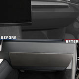Before vs after installation: Tesla Model Y/3 Juniper with Carbon Fiber Glove Box Cover