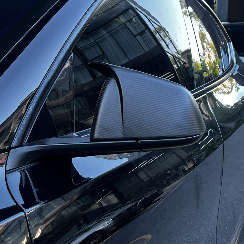 Matte Carbon Fiber Mirror Caps installed on Tesla Model Y