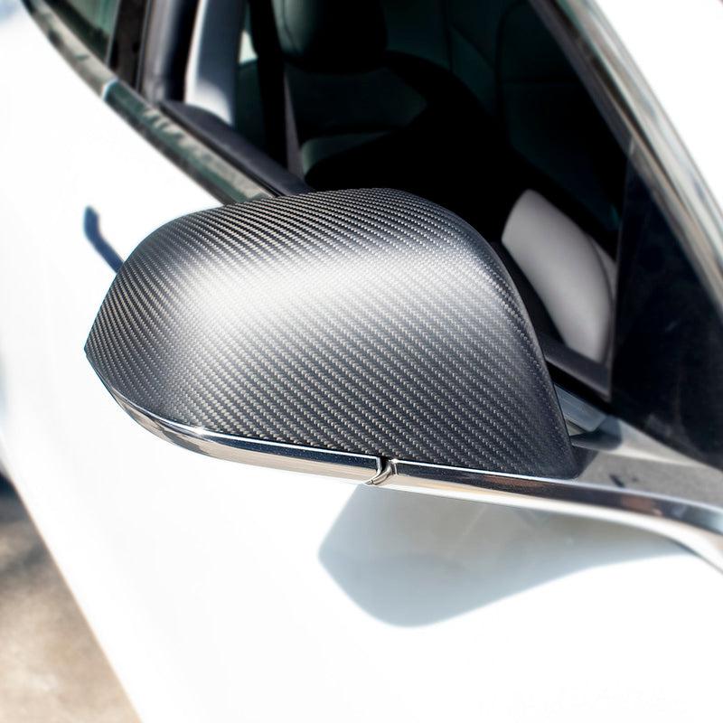 Matte Dry Carbon Fiber Mirror Cap installed on Tesla Model 3/Y