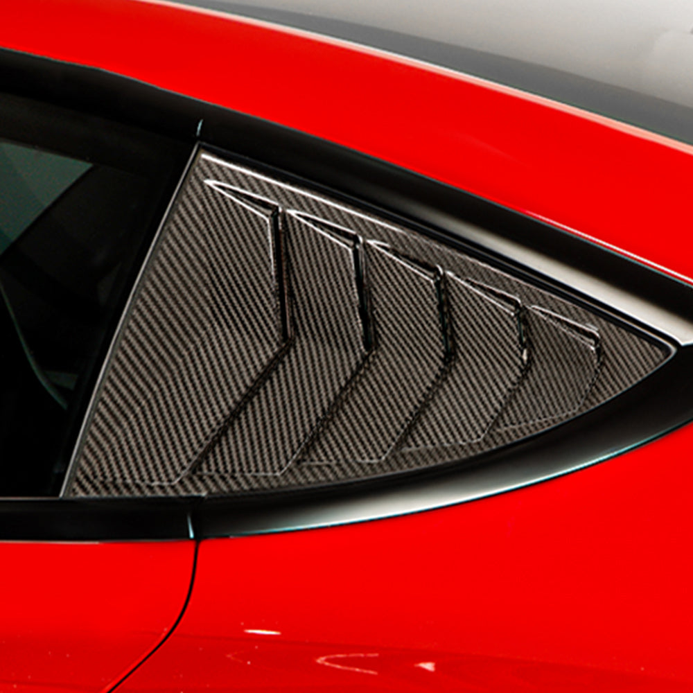 Real Carbon Fiber Rear Side Quarter Window Louvers installed on Tesla Model 3