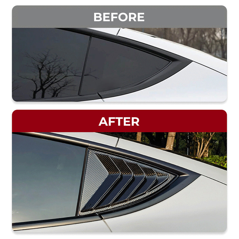 before vs after installation: Tesla Model Y with Real Carbon Fiber Rear Side Window Vented Louvers(gen.2)