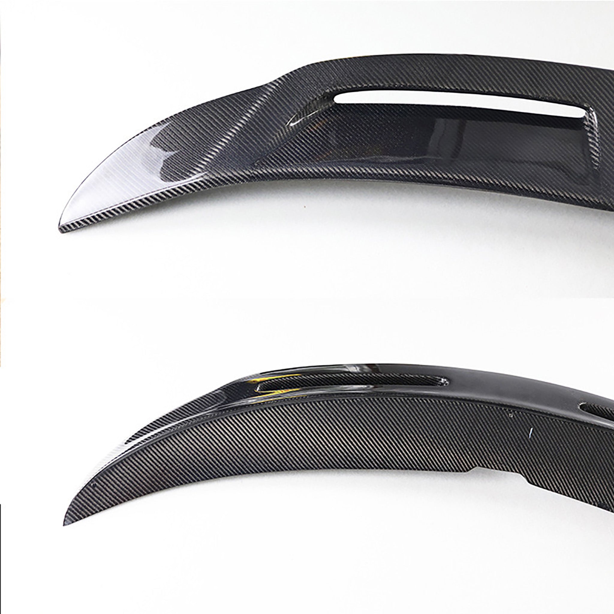 Front and back view of Tesla 2024+ Model 3 Highland Carbon Fiber Wing Spoiler