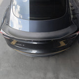 Top view of Real Carbon Fiber V-Style Spoiler installed on Tesla Model 3 Highland (2024+)