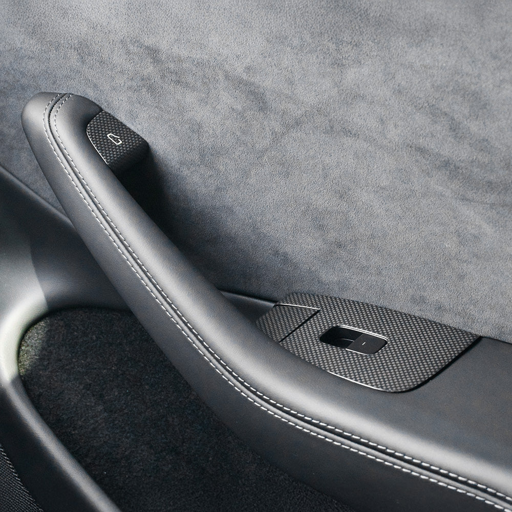 Close up view of Carbon Fiber Window Switch Covers for Model 3 Highland 2024+