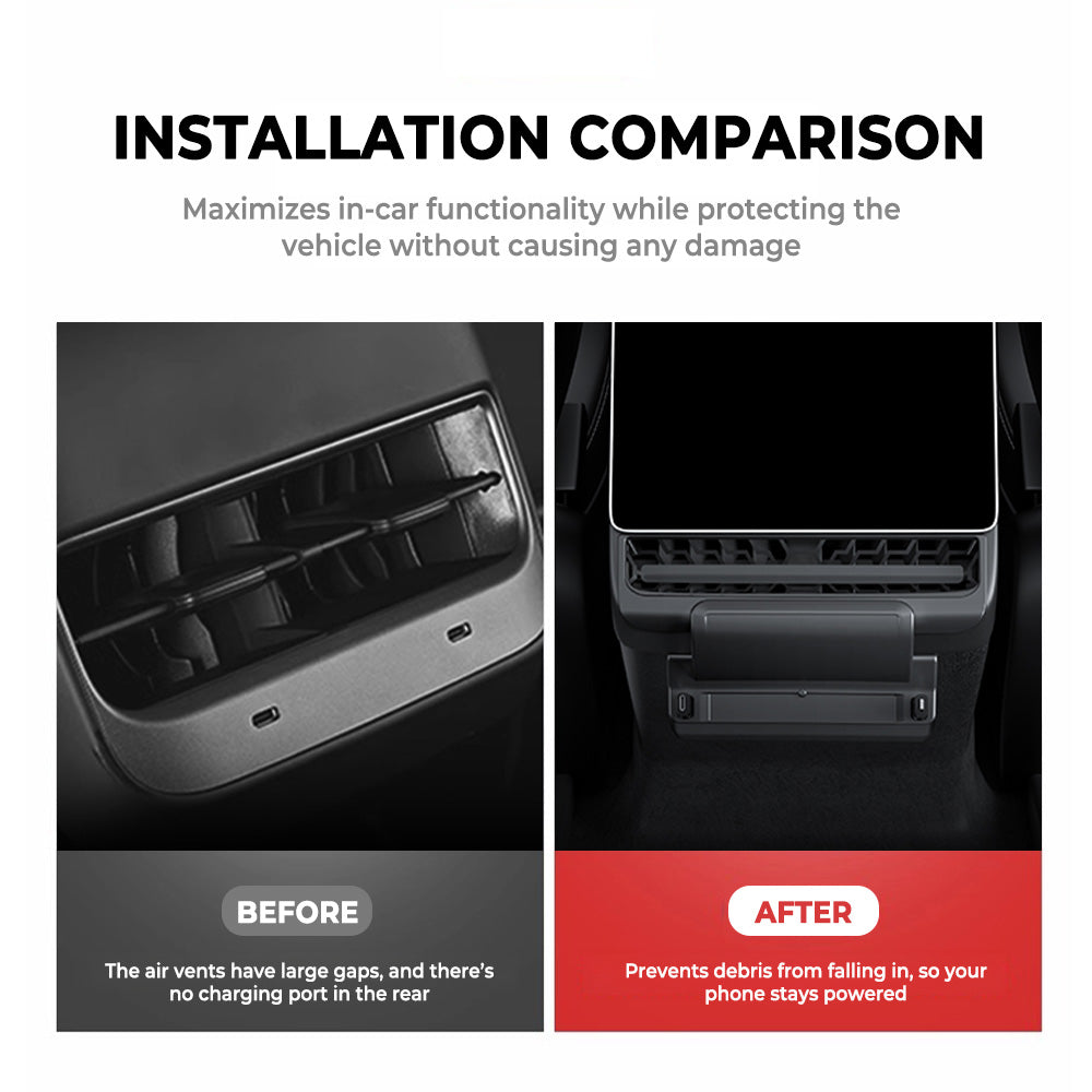 before vs after installation: Rear Air Outlet Expansion Dock for Tesla Model 3 Highland / Y Juniper