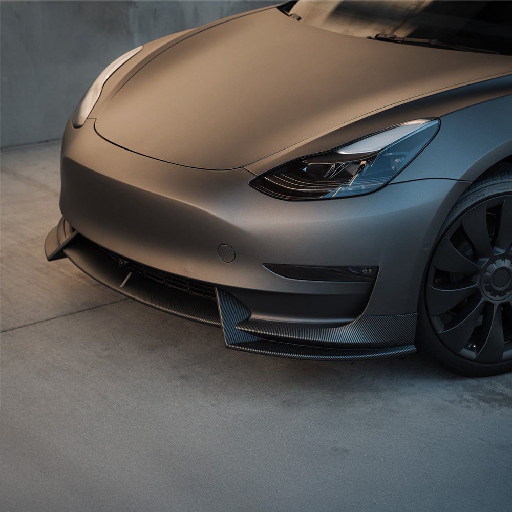 Sporty Front Lip Spoiler for Tesla Model 3 (2017-2023.09) | ABS Plastic Body Kit in Glossy/Matte Black & Carbon Fiber