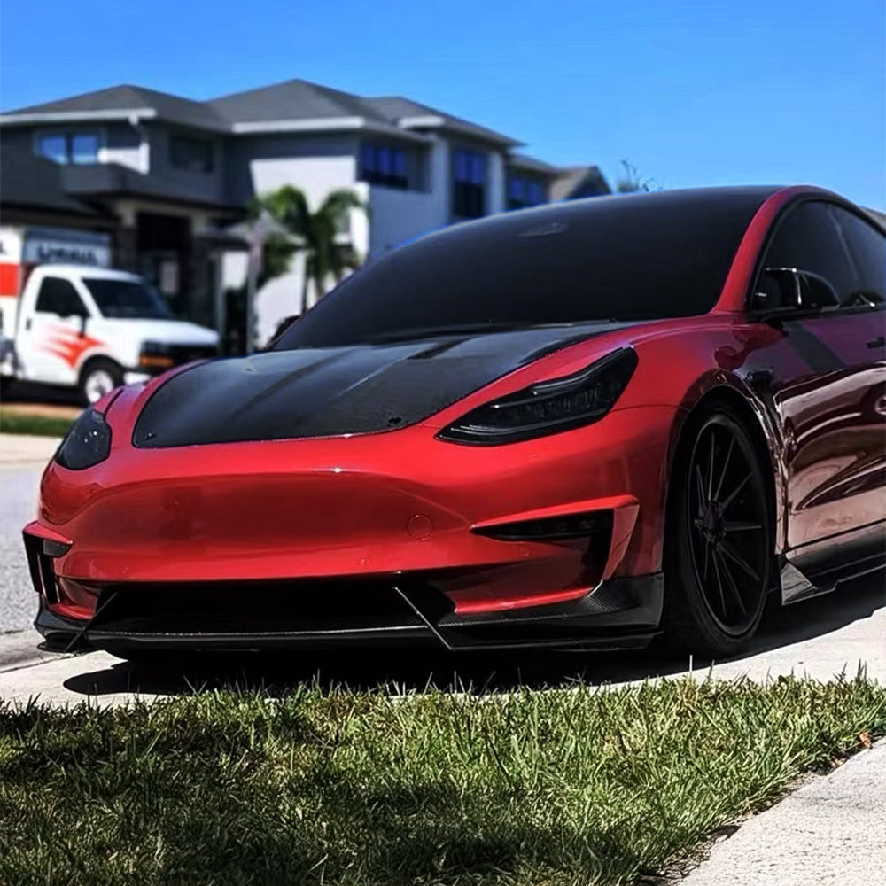 Sporty Front Lip Spoiler for Tesla Model 3 (2017-2023.09) | ABS Plastic Body Kit in Glossy/Matte Black & Carbon Fiber