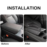 before vs after installation: Carbon Fiber Armrest Cover For Tesla Model 3 / Y