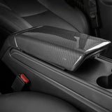 Glosy Carbon Fiber Armrest Cover isntalled on Tesla Model 3 / Y
