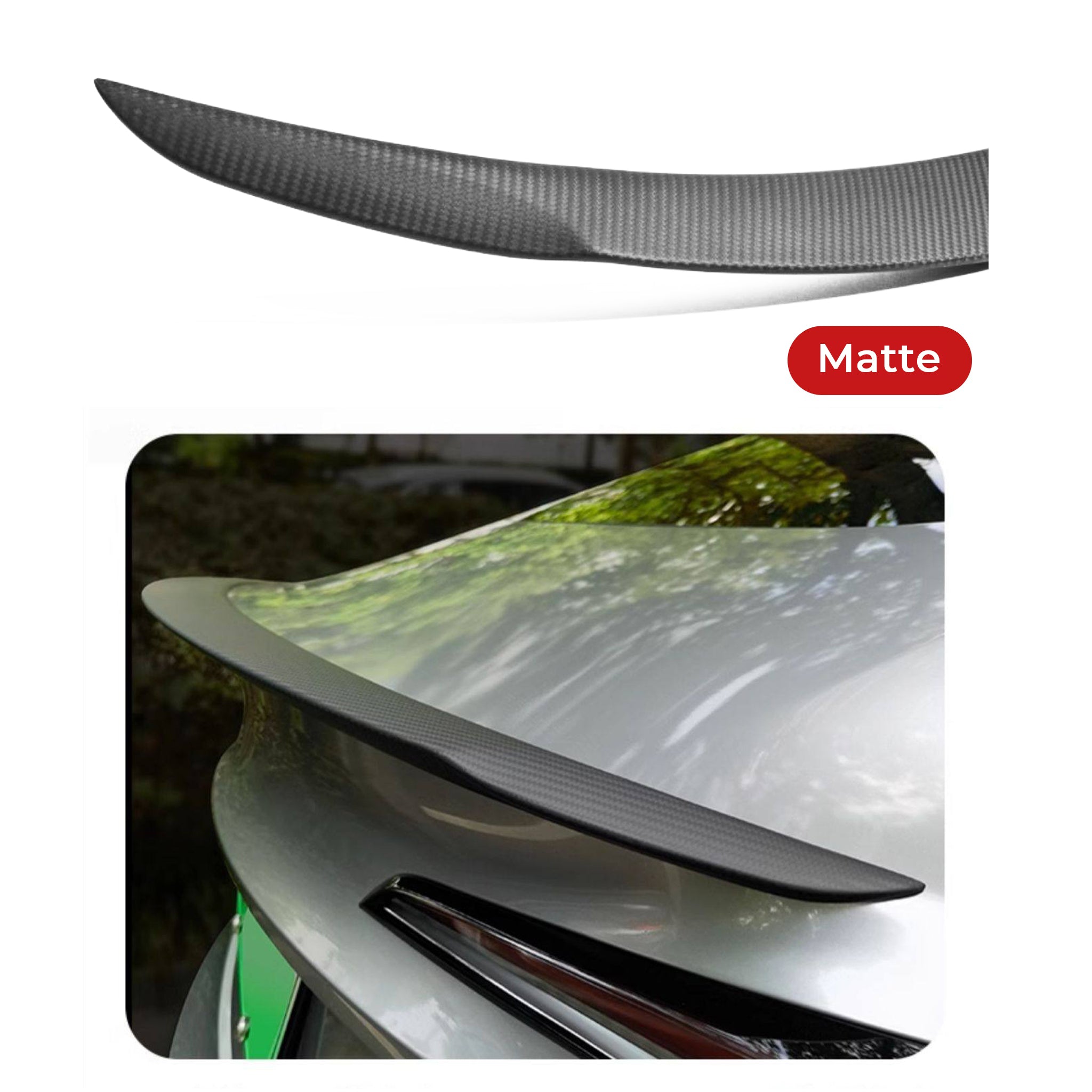 Matte finish of Carbon Fiber Spoiler installed on Tesla Model 3 Highland