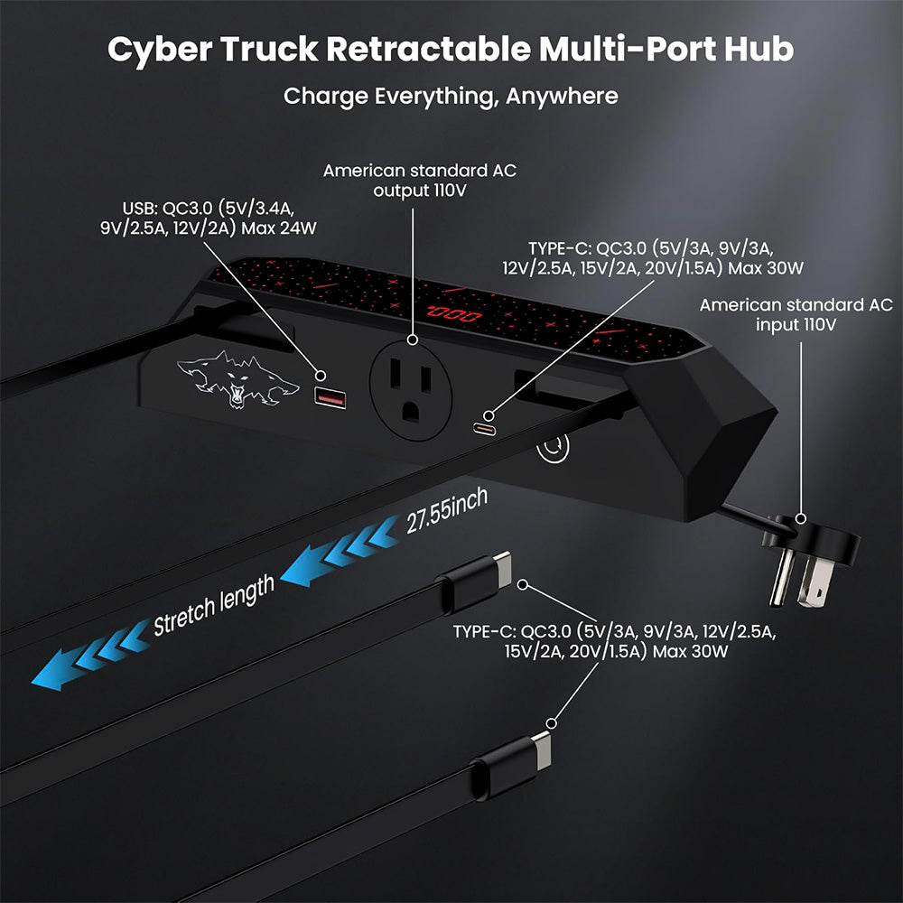 Tesla Cybertruck Center Console Multi-Ports USB Hub with Retractable Cables