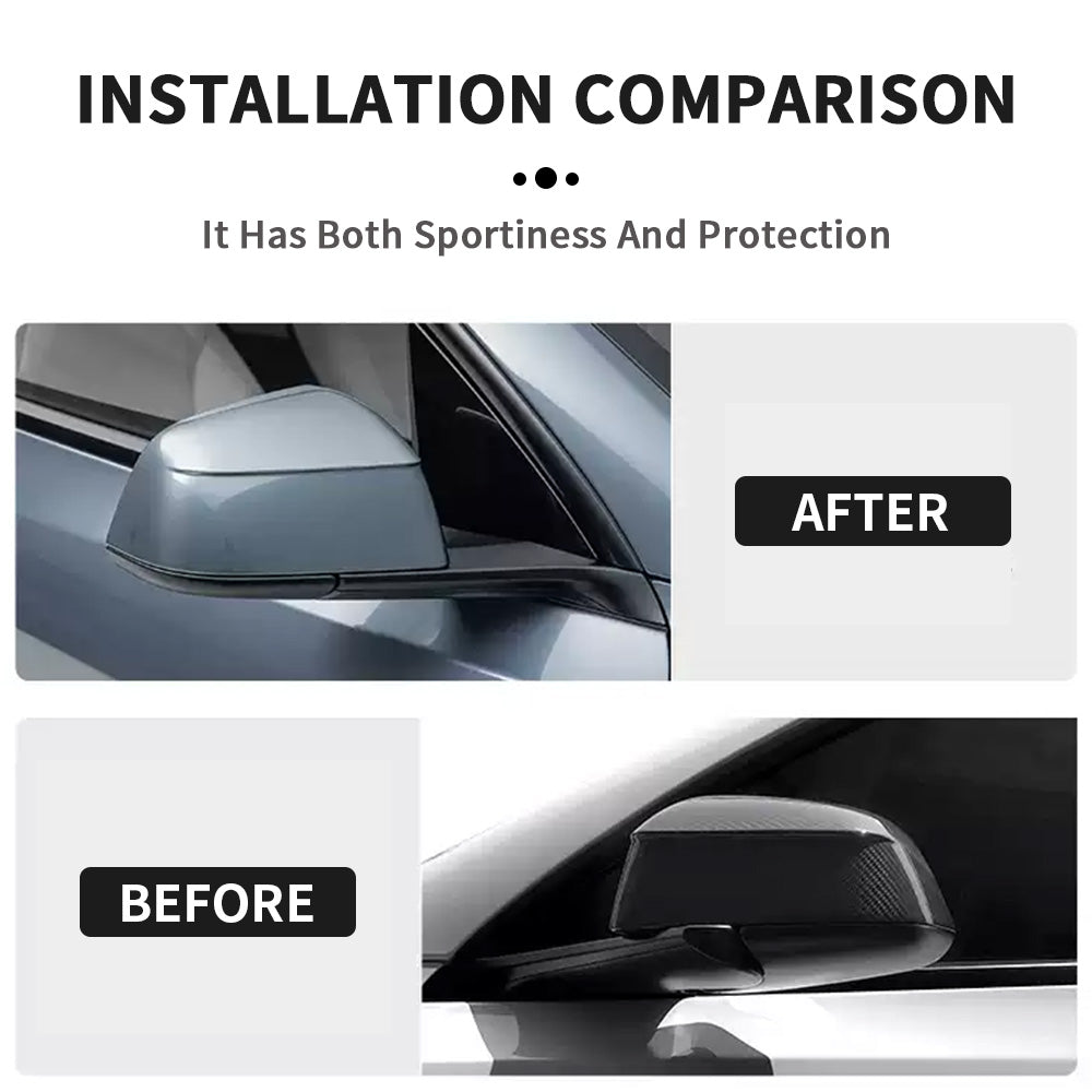 Before and after installation of carbon fiber mirror cover on Model Y Juniper