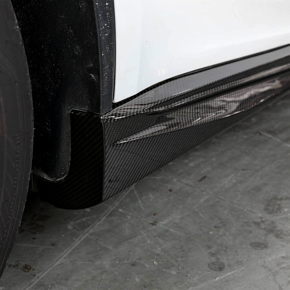 Close up of Tesla Model Y Carbon Fiber Ascend Side Skirts for 2020-2026+ Juniper