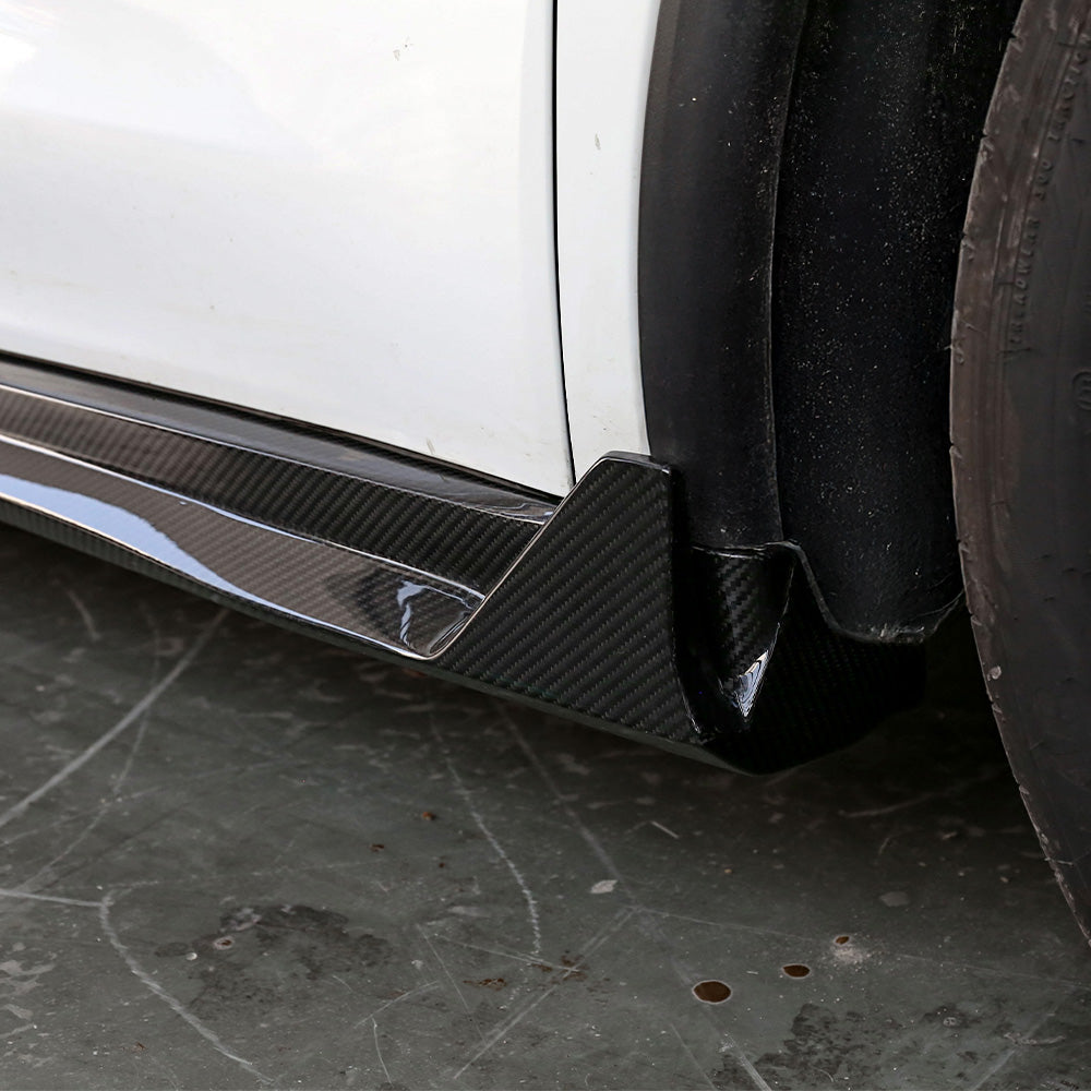 Close up of Tesla Model Y Carbon Fiber Ascend Side Skirts for 2020-2026+ Juniper