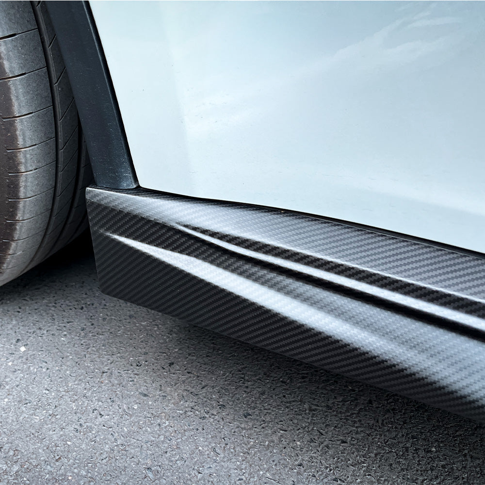 close up of Tesla Model Y Carbon Fiber Ascend Side Skirts for 2020-2026+ Juniper