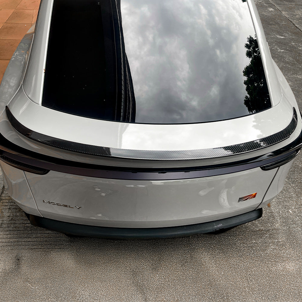 top view of Model Y Juniper Carbon Fiber Rear Spoiler Wing–Tesla YL OEM Style installed