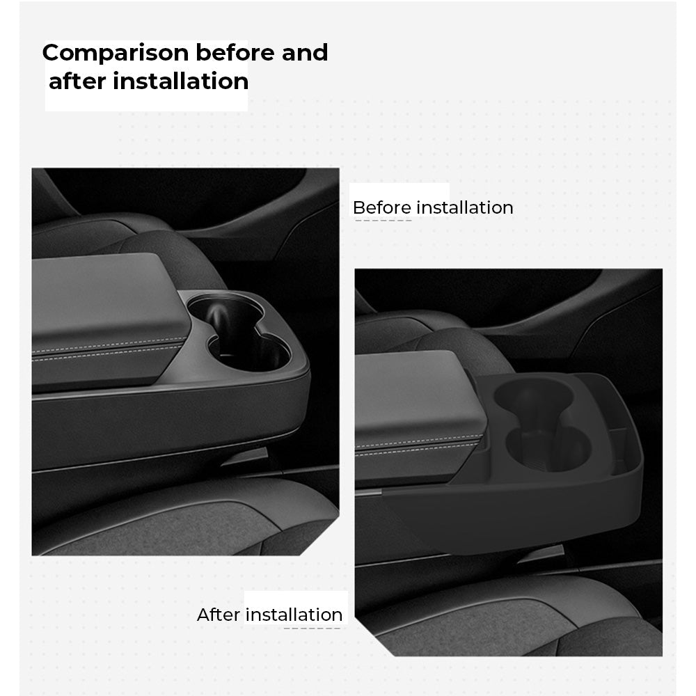before vs after installation: Tesla Model Y Standard Center Console Silicone Integrated Cup Holder