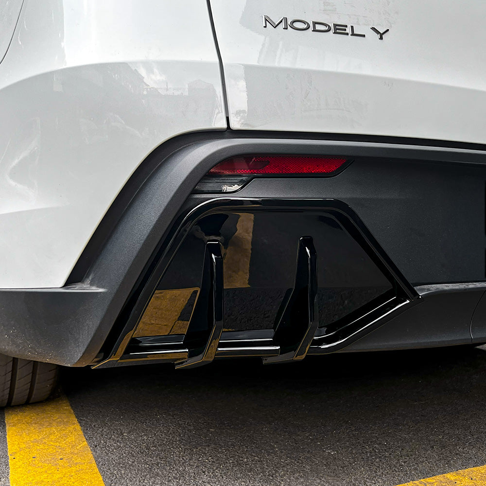 Close-up of the left of Tesla Model Y Juniper ABS Split Rear Diffuser