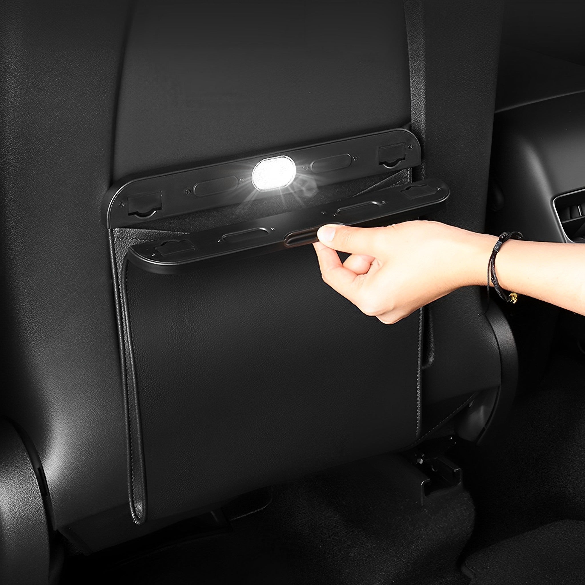 Tesla Model 3 & Model Y Leather Car Trash Bag – Waterproof, Magnetic Closure, with LED Light