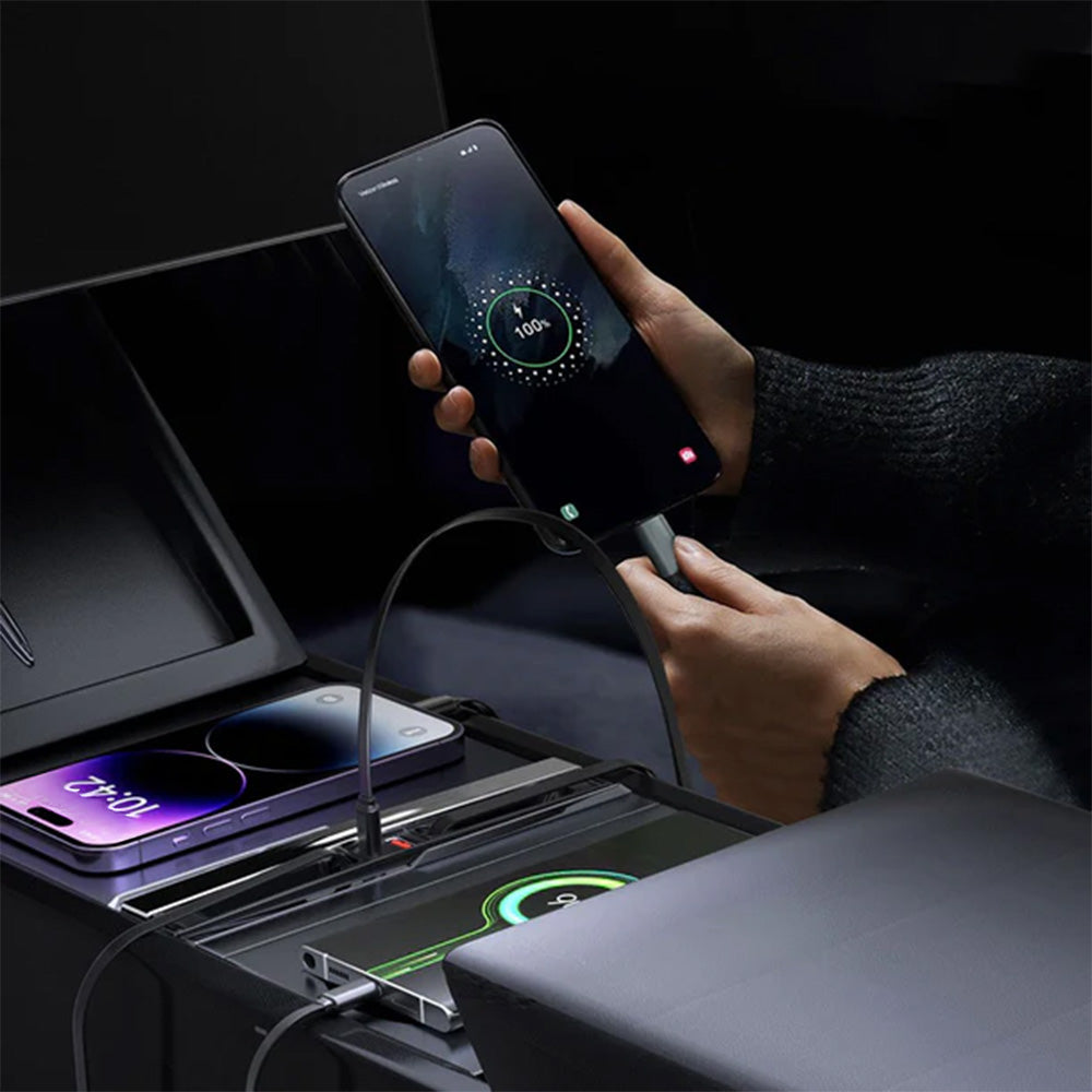 USB Hub Docking Station for Tesla Model 3 Highland (2024+) & Model Y Juniper (2025+) – Custom-Fit, PD 65W Fast Charging, Retractable Type-C Cables